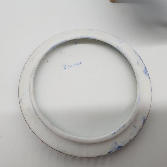 VTG Cobalt Blue Porcelain Footed Trinket Box Painted Floral Lid By E. Cumbria - Picture 10 of 11